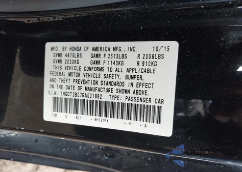 2016 Honda Accord Touring z USA, uszkodzony, nr VIN 1HGCT2B07GA001892